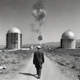 An old picture utilizing modern artificial intelligence effects, merging the concepts of wars in Palestine, chemistry, and reactors.