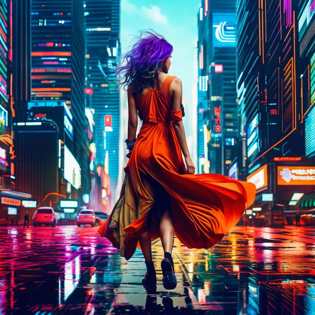 A classic beauty with hip-length long hair in a flowing orange sundress walks away amidst a bustling cyberpunk city, her simple attire contrasting with the high-tech surroundings.