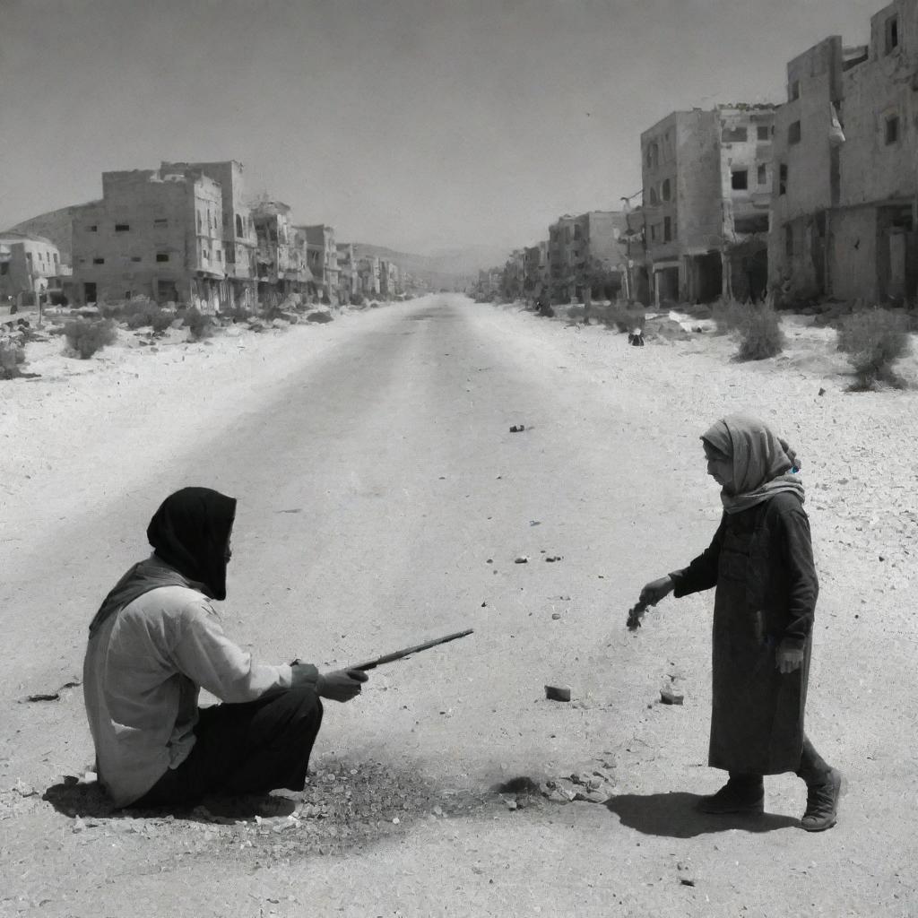 An image incorporating old and modern elements combining elements of wars in Palestine, the negative impact of chemistry on people's lives, and its exploitation for population eradication.