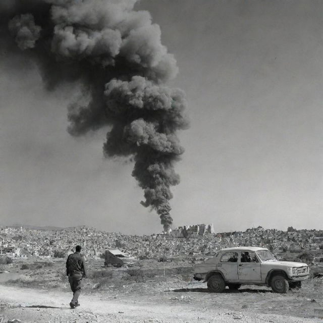 An image incorporating old and modern elements combining elements of wars in Palestine, the negative impact of chemistry on people's lives, and its exploitation for population eradication.