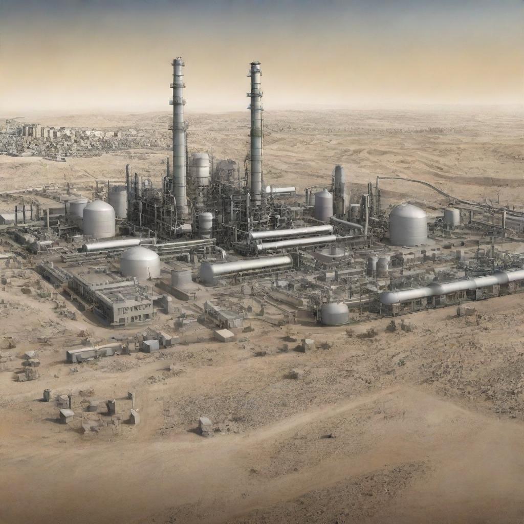 A depiction of events in Palestine, accentuating hardships and the importance of chemical engineering. The design showcases scientific advancements in reactors, highlighting the role of chemistry and engineering in overcoming challenges.