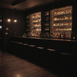 A dimly lit, sophisticated bar captured from a side view. The bar is empty, with chairs tucked in and a wide array of bottled liquors glinting in the low ambient light.