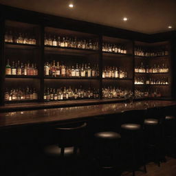 A dimly lit, sophisticated bar captured from a side view. The bar is empty, with chairs tucked in and a wide array of bottled liquors glinting in the low ambient light.