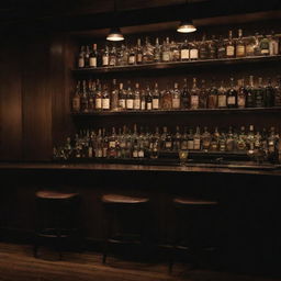 A dimly lit, sophisticated bar captured from a side view. The bar is empty, with chairs tucked in and a wide array of bottled liquors glinting in the low ambient light.