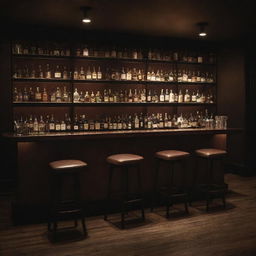 A dimly lit, sophisticated bar captured from a side view. The bar is empty, with chairs tucked in and a wide array of bottled liquors glinting in the low ambient light.