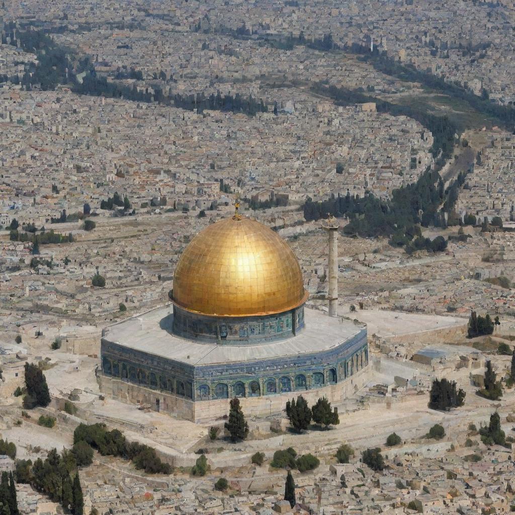 An artificial intelligence-enhanced image merging visuals of Jerusalem (Al-Quds) with nuclear reactors.