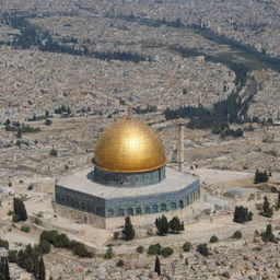 An artificial intelligence-enhanced image merging visuals of Jerusalem (Al-Quds) with nuclear reactors.