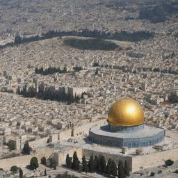 An artificial intelligence-enhanced image merging visuals of Jerusalem (Al-Quds) with nuclear reactors.