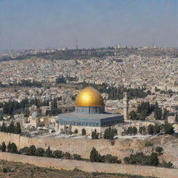 An artificial intelligence-enhanced image merging visuals of Jerusalem (Al-Quds) with nuclear reactors.