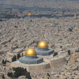 An artificial intelligence-enhanced image merging visuals of Jerusalem (Al-Quds) with nuclear reactors.