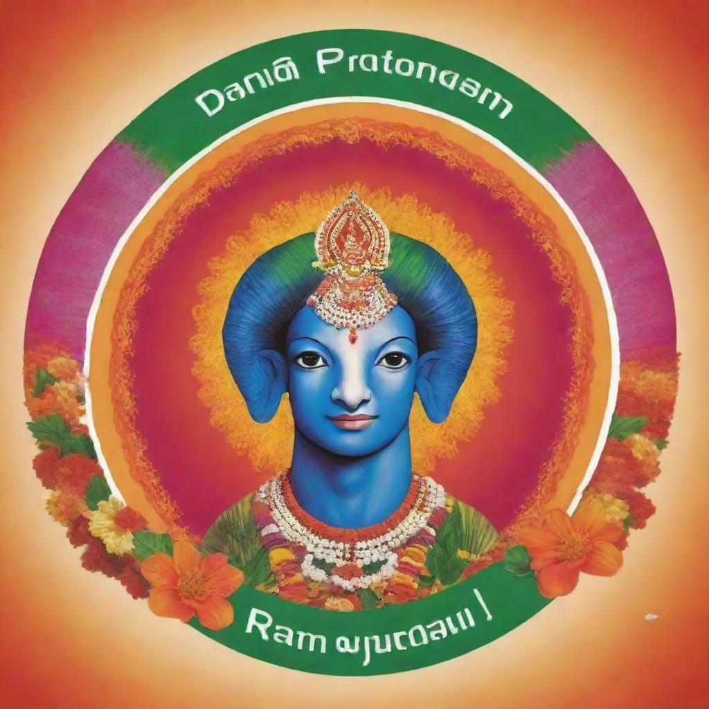 A vibrant image celebrating Ram Pran Pratista for Dhayana Enterprise. Include the company's logo, symbols of celebration, and Ram Pran Pratista motifs. The atmosphere should be joyful and festive.