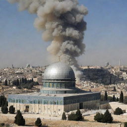 A fusion image featuring al-Aqsa Mosque and a nuclear reactor, symbolizing a juxtaposition between conflict and chemical engineering.