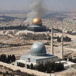 A fusion image featuring al-Aqsa Mosque and a nuclear reactor, symbolizing a juxtaposition between conflict and chemical engineering.