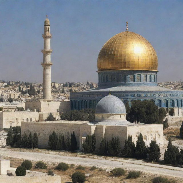 A fusion image featuring al-Aqsa Mosque and a nuclear reactor, symbolizing a juxtaposition between conflict and chemical engineering.