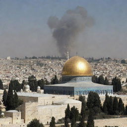 A fusion image featuring al-Aqsa Mosque and a nuclear reactor, symbolizing a juxtaposition between conflict and chemical engineering.