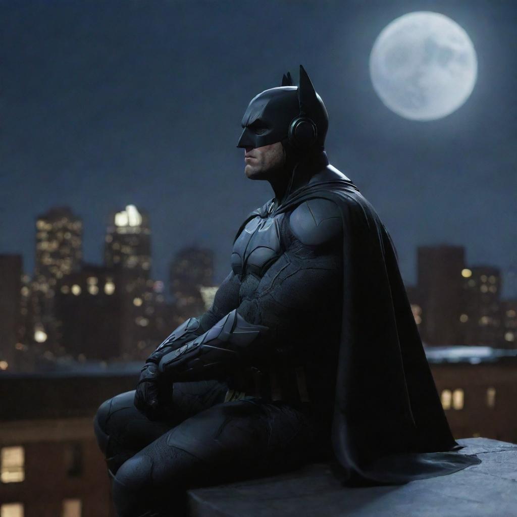 Batman sitting on a Gotham city rooftop under moonlight, wearing headphones, looking up at the sky with a slight shiver visible in his stance, his cape flapping in the cold wind, face showing signs of exhaustion.