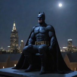 Batman sitting on a Gotham city rooftop under moonlight, wearing headphones, looking up at the sky with a slight shiver visible in his stance, his cape flapping in the cold wind, face showing signs of exhaustion.