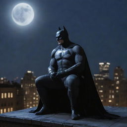 Batman sitting on a Gotham city rooftop under moonlight, wearing headphones, looking up at the sky with a slight shiver visible in his stance, his cape flapping in the cold wind, face showing signs of exhaustion.