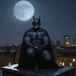 Batman sitting on a Gotham city rooftop under moonlight, wearing headphones, looking up at the sky with a slight shiver visible in his stance, his cape flapping in the cold wind, face showing signs of exhaustion.