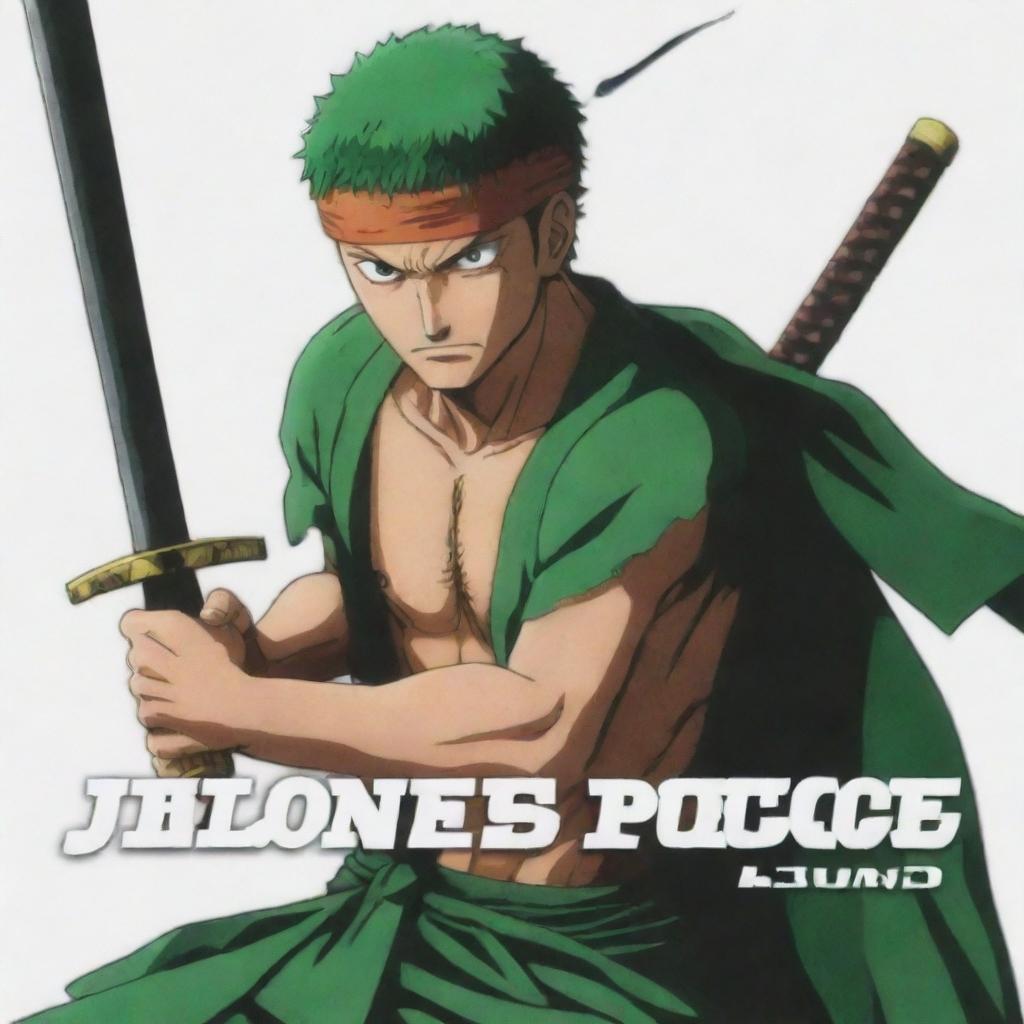 Roronoa Zoro from One Piece anime holding swords with a logo overlay named 'Juan Piece'