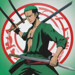 Roronoa Zoro from One Piece anime holding swords with a logo overlay named 'Juan Piece'