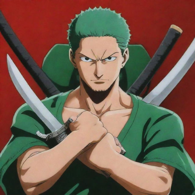 Roronoa Zoro from One Piece anime holding swords with a logo overlay named 'Juan Piece'