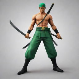 3D image of Roronoa Zoro, the pirate hunter from One Piece anime, armed with his swords. Incorporate a logo with the name 'Juan Piece'.