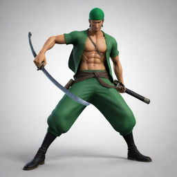 3D image of Roronoa Zoro, the pirate hunter from One Piece anime, armed with his swords. Incorporate a logo with the name 'Juan Piece'.