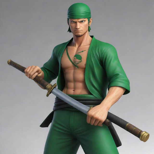 3D image of Roronoa Zoro, the pirate hunter from One Piece anime, armed with his swords. Incorporate a logo with the name 'Juan Piece'.