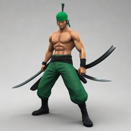 3D image of Roronoa Zoro, the pirate hunter from One Piece anime, armed with his swords. Incorporate a logo with the name 'Juan Piece'.