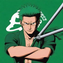 Roronoa Zoro from the anime One Piece, wielding swords, with a logo saying 'Juan Piece' in an anime style.