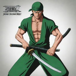 Roronoa Zoro from the anime One Piece, wielding swords, with a logo saying 'Juan Piece' in an anime style.