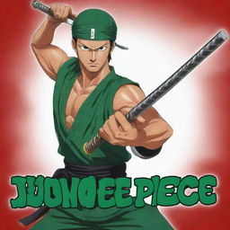 Roronoa Zoro from the anime One Piece, wielding swords, with a logo saying 'Juan Piece' in an anime style.