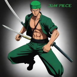 Roronoa Zoro from the anime One Piece, wielding swords, with a logo saying 'Juan Piece' in an anime style.