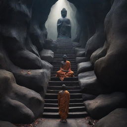 Buddha serenely descending a celestial staircase from a divine realm to the earthly world, with the dark, tumultuous landscape of hell visible below. He radiates inner peace despite the contrasting settings.