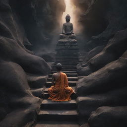 Buddha serenely descending a celestial staircase from a divine realm to the earthly world, with the dark, tumultuous landscape of hell visible below. He radiates inner peace despite the contrasting settings.