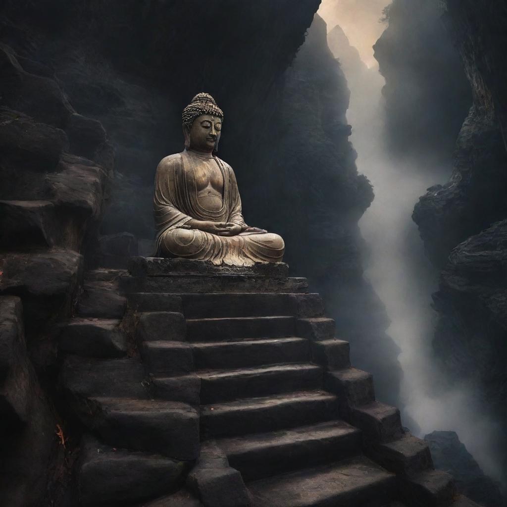 Buddha serenely descending a celestial staircase from a divine realm to the earthly world, with the dark, tumultuous landscape of hell visible below. He radiates inner peace despite the contrasting settings.