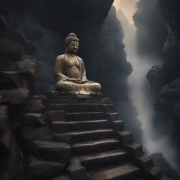 Buddha serenely descending a celestial staircase from a divine realm to the earthly world, with the dark, tumultuous landscape of hell visible below. He radiates inner peace despite the contrasting settings.