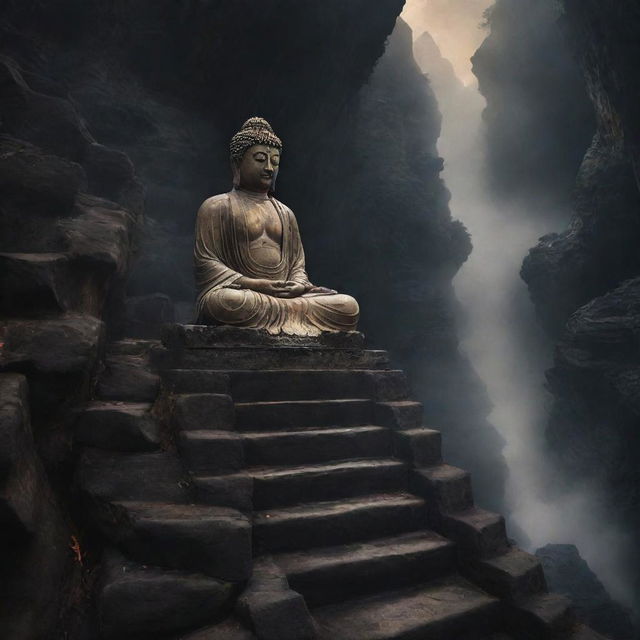 Buddha serenely descending a celestial staircase from a divine realm to the earthly world, with the dark, tumultuous landscape of hell visible below. He radiates inner peace despite the contrasting settings.