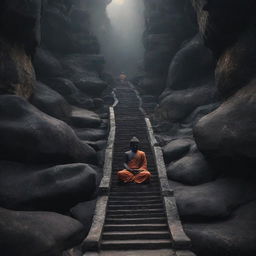 Buddha serenely descending a celestial staircase from a divine realm to the earthly world, with the dark, tumultuous landscape of hell visible below. He radiates inner peace despite the contrasting settings.