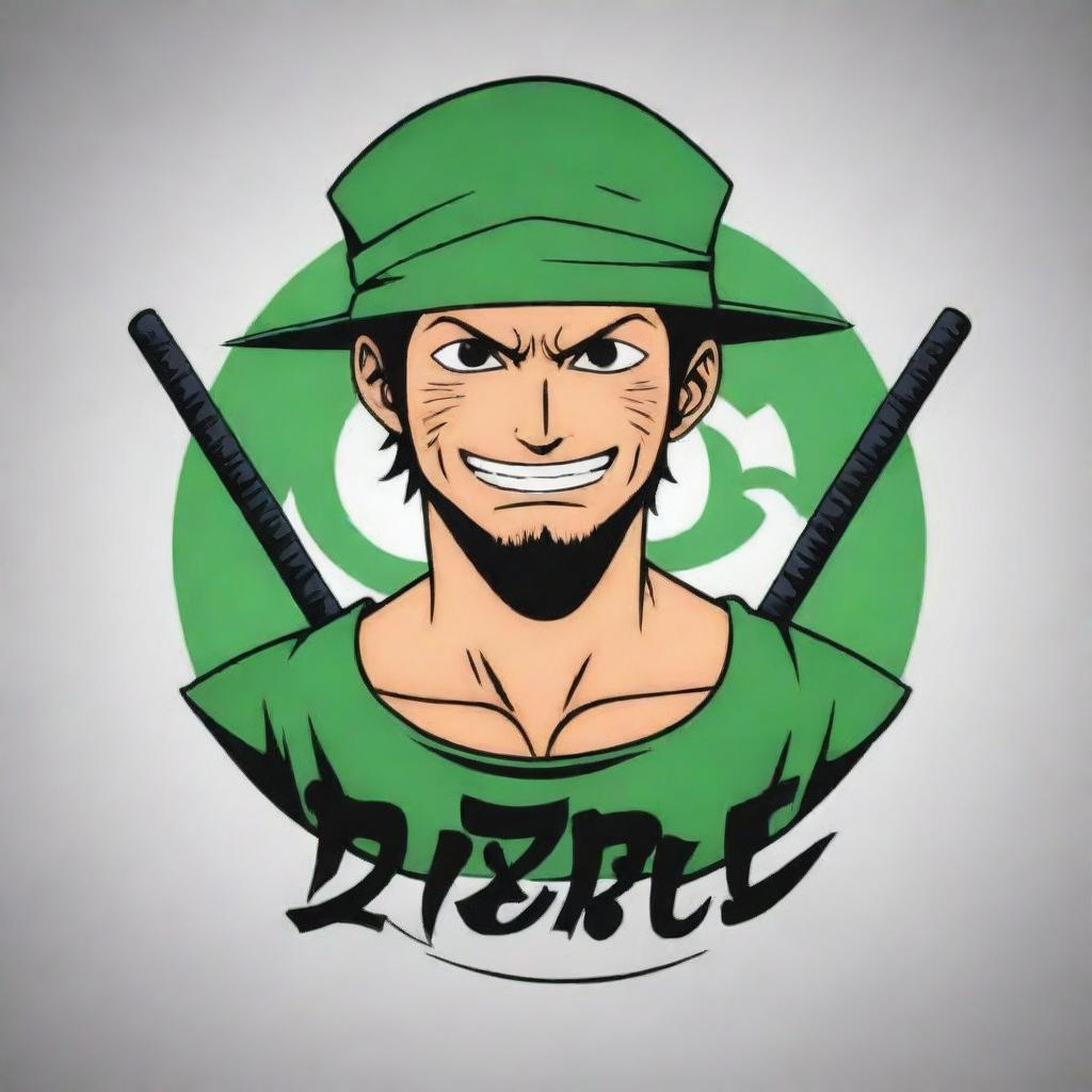 Generate an anime style logo for 'Juan Piece' featuring the character Zoro from One Piece.