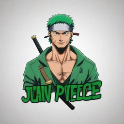 Generate an anime style logo for 'Juan Piece' featuring the character Zoro from One Piece.