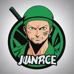 Generate an anime style logo for 'Juan Piece' featuring the character Zoro from One Piece.