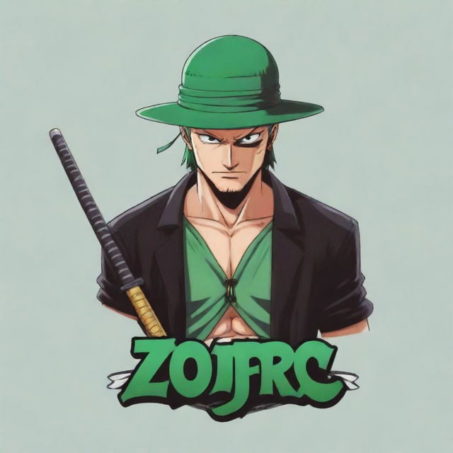 Generate an anime style logo for 'Juan Piece' featuring the character Zoro from One Piece.