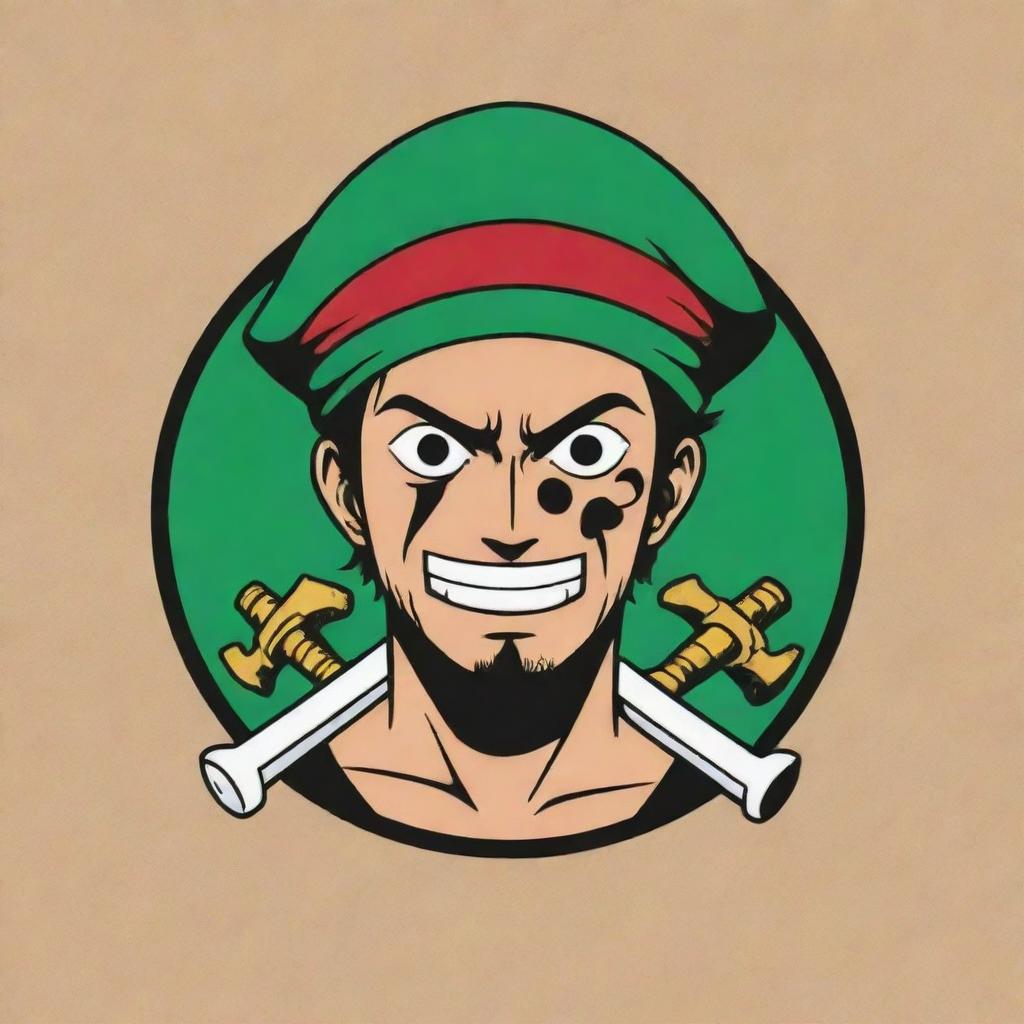 Create an anime-style logo for 'Juan Piece', incorporating elements from the One Piece series with a particular emphasis on the character Zoro and pirate motifs.