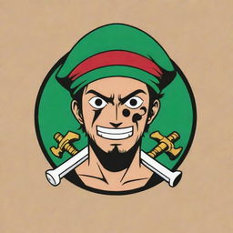 Create an anime-style logo for 'Juan Piece', incorporating elements from the One Piece series with a particular emphasis on the character Zoro and pirate motifs.