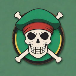 Create an anime-style logo for 'Juan Piece', incorporating elements from the One Piece series with a particular emphasis on the character Zoro and pirate motifs.