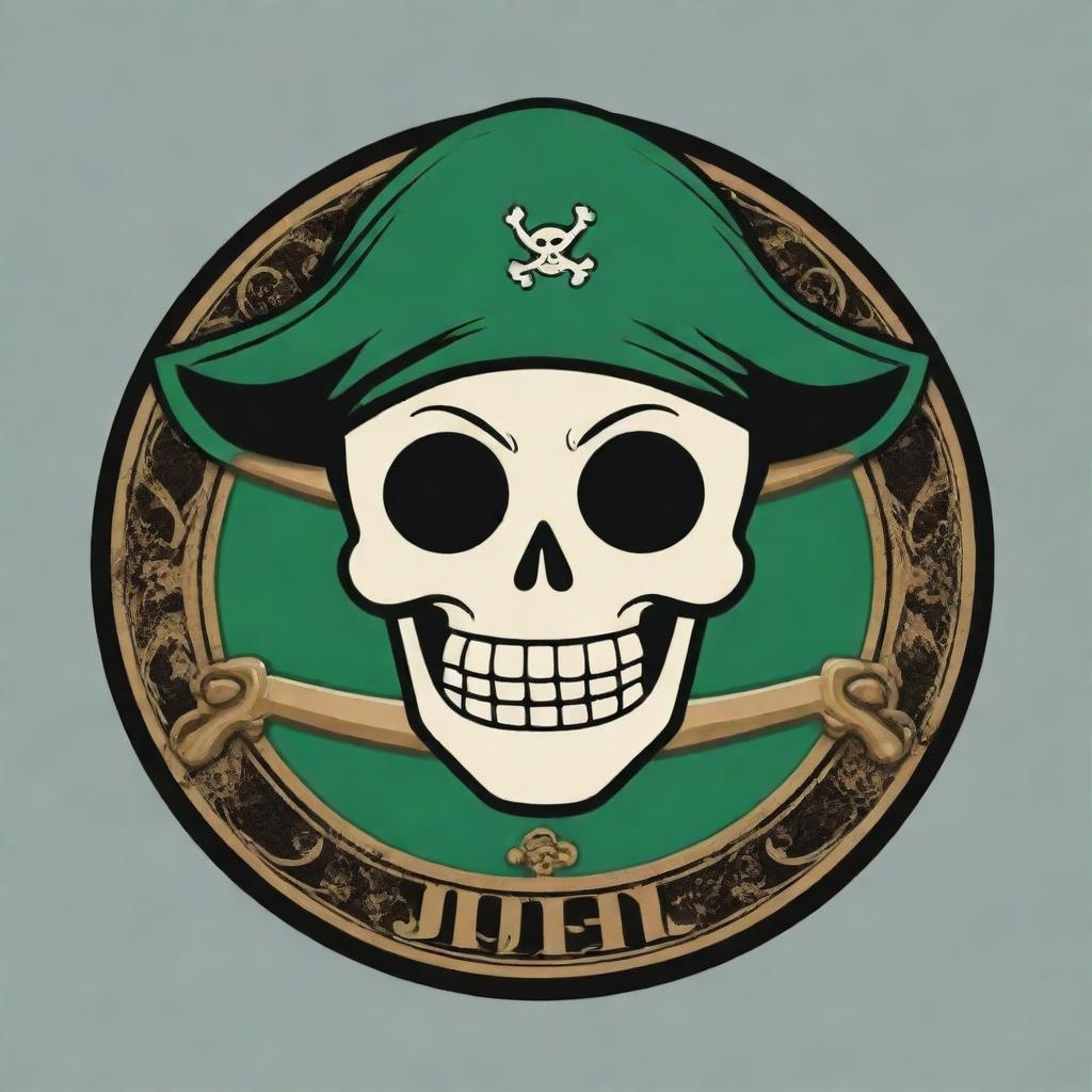 Create an anime-style logo for 'Juan Piece', incorporating elements from the One Piece series with a particular emphasis on the character Zoro and pirate motifs.