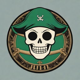 Create an anime-style logo for 'Juan Piece', incorporating elements from the One Piece series with a particular emphasis on the character Zoro and pirate motifs.