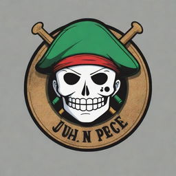 Create an anime-style logo for 'Juan Piece', incorporating elements from the One Piece series with a particular emphasis on the character Zoro and pirate motifs.